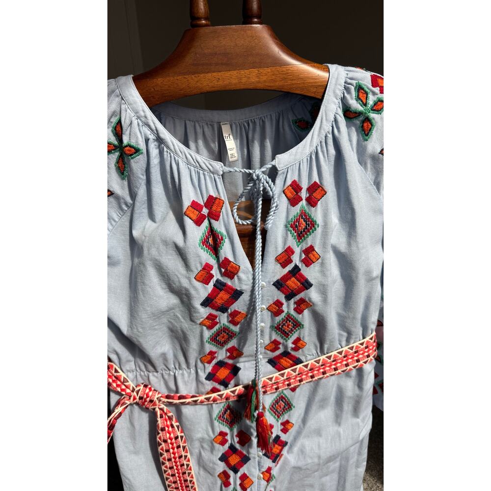 Zara TRF Embroidered Folk Dress Boho Peasant Cottagecore Midi Belted L - Picture 8 of 15